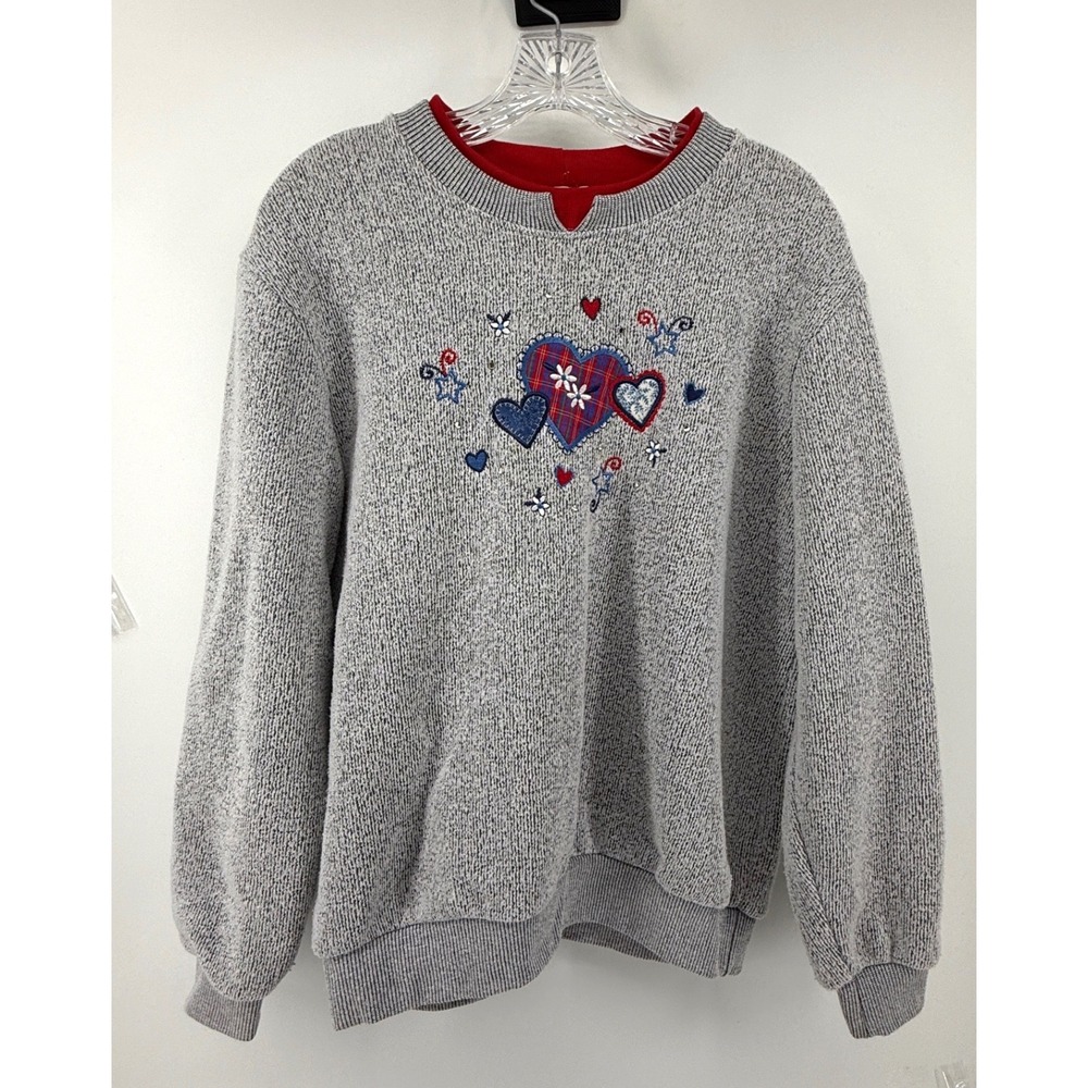 BonWorth Vintage Gray Heart Embroidered Sweatshirt Red Mock Neck Small Valentine